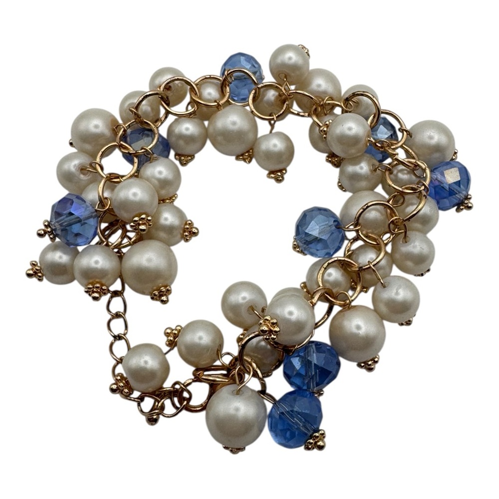 Gold-Tone Charm Bracelet with Faux Pearls & Blue‎ Crystals – Adjustable